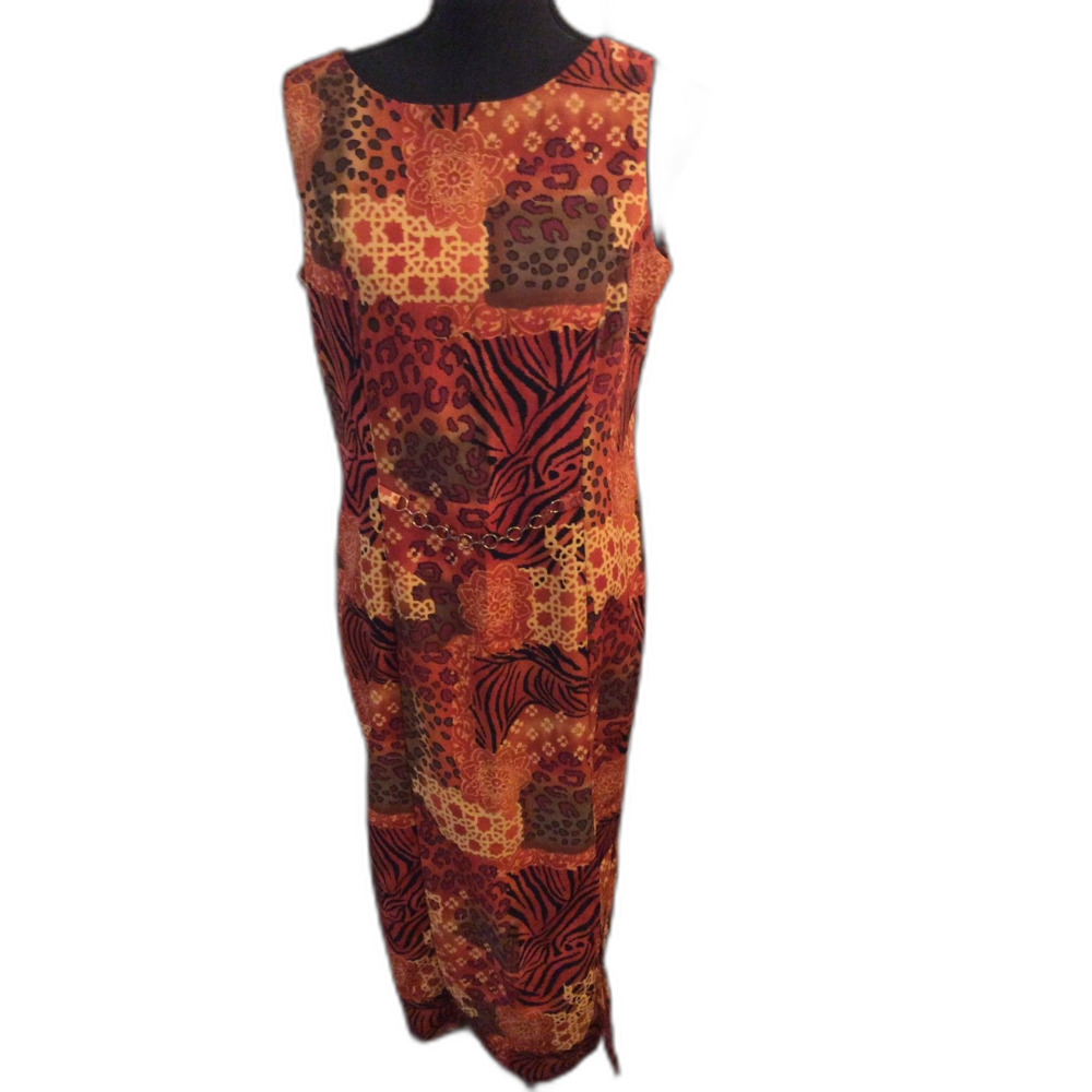 Vintage Miss Dorby Maxi Dress Chain Belt Fall Colors Size 10 Animal Print